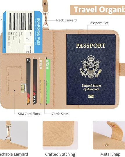 Passport Holder RFID Protected Wallet and Luggage Tag with Protection Cover Travel Accessories Leather Card Case Organizer for Women Men (Beige)