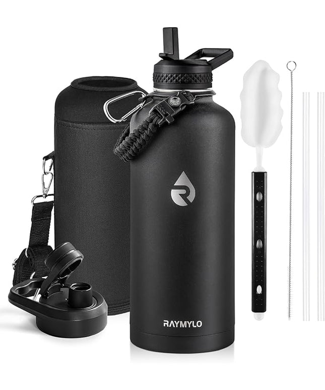 Insulated Water Bottle 87 oz, Triple Wall Vacuum Stainless Steel (Cold for 48 Hrs), Leak Proof & Non-BPA, Modern Water Flask Jug with Paracord Handle & Straw Spout Lids, Magic Black