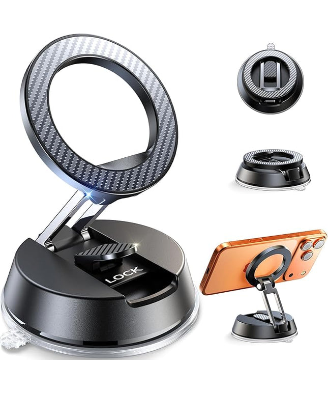 NeverFall Car Phone Holder for MagSafe [78+LBS Ultra Grip | 2400gf Magnetic Power] 360° Foldable Car Mount Cell Phone Holders for Your Car for iPhone 17-12 All Smartphones, Carbon Fiber