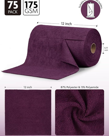 Fantasticlean Microfiber Cleaning Cloth Roll -75 Pack, Tear Away Microfiber Towels, 12" x 12", Reusable, Washable, Scratch Free, Ultra Absorbent for All-Around Cleaning Supplies (Dark Purple)