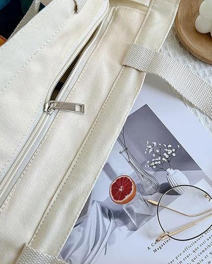 BROADREAM Aesthetic Canvas Tote Bag for Women, Vintage Reusable Book Tote Bag with Inner Zipper Pocket