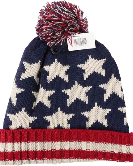 Parquet American Flag Knit Pom Beanie Ski Hat with Stars