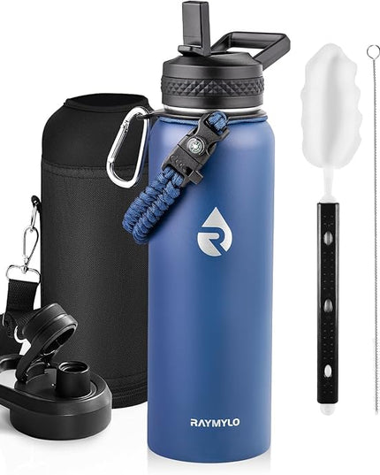 Insulated Water Bottle 40 oz, Triple Wall Vacuum Stainless Steel (Cold for 48 Hrs), Leak Proof & Non-BPA, Modern Water Flask Jug with Paracord Handle & Straw Spout Lids, Navy Blue