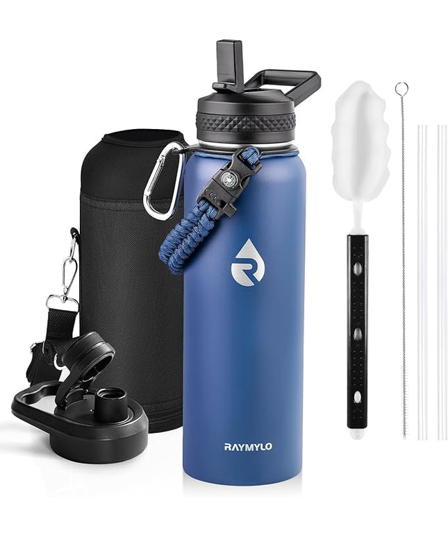Insulated Water Bottle 40 oz, Triple Wall Vacuum Stainless Steel (Cold for 48 Hrs), Leak Proof & Non-BPA, Modern Water Flask Jug with Paracord Handle & Straw Spout Lids, Navy Blue
