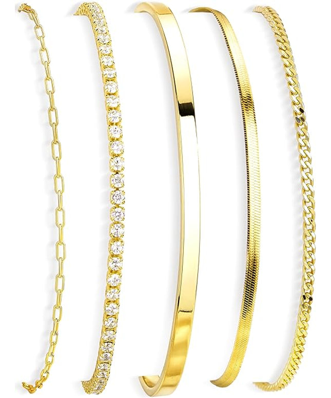 Gold Bracelets Set for Women Stack, Dainty Thick Bracelets Stack for Women Trendy, Simple Thin Gold Plated Cuff Stackable Bracelets With Beaded Cuban Paperclip Snake Rope Bangle Hand Chain Jewelry Gifts for Women Non Tainish