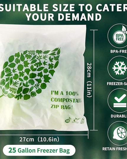 Compostable Gallon Size Food Storage Bags Freezer and Leak Proof, (25 Eco Zip) Seal well for Fruit,Food and Vegetable Plant-Based BPA-free (50)