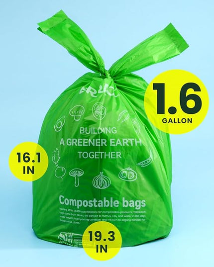 1.6 Gallon Compostable Food Scrap Bags Handle Tie for Kitchen Countertop Bin, 6 Liter Small Compost Bags, 50 Count, BPI Certified and Meet The ASTM D6400 Standard