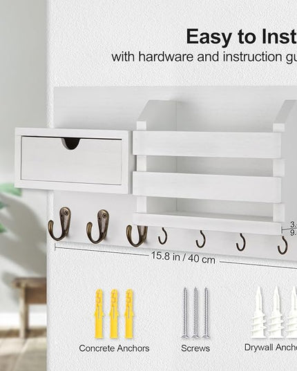 Lwenki Wall Mount Key Holder with Mail Organizer, 100% Paulownia Wood, 7 Metal Hooks, Storage Drawer, Entryway Home Decor (White)