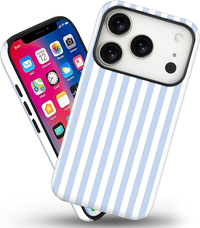 Magnetic for iPhone 17 Pro Case Cute Stripes Phone Case, Shockproof Slim TPU and Hard PC Protective Phone Cover Compatible with MagSafe Designed for Women Girls, Blue and White