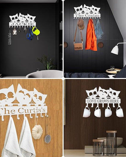 Hppybiry Personalized Metal Key Rack Hooks, Key Holder Wall Mounted Key Hooks, Cat Theme Wall Decoration Hooks, Key Hanger Organizer for Living Room, Entryway, Bathroom, Office Decor