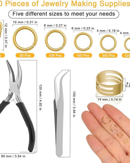 Anezus 1200PCS Jump Rings for Jewelry Making Kit, Gold, Jewelry Making Supplies and Necklace Repair, Modern Style, Small Size, Not Foldable