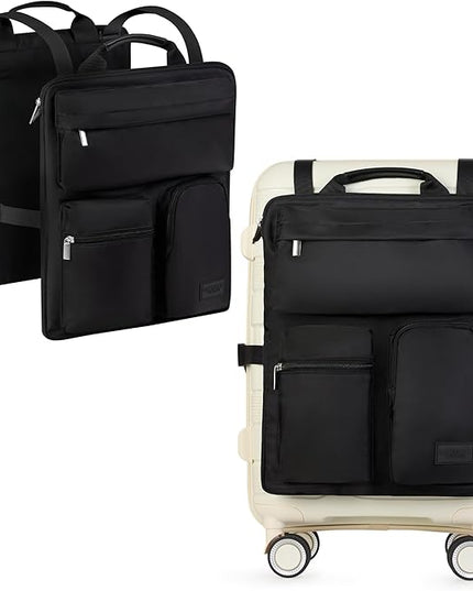 BAREFOOT CARIBOU Over Luggage Organizer for Carry On Bag or Suitcase with Storage Pockets, 16” Laptop Sleeve with Handle, Travel Accessories Bag Slide On Luggage Harness with Adjustable Straps (Black)