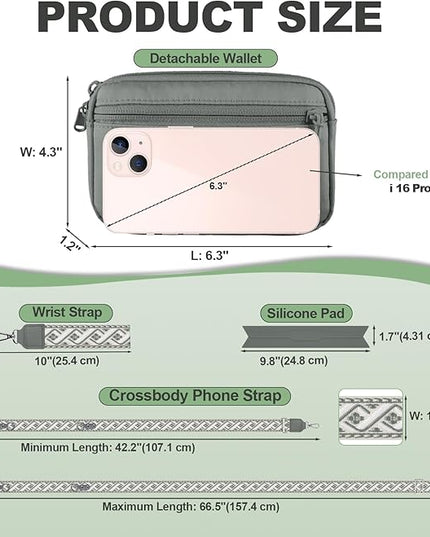 Clip and Go Strap for Phone with Wallet Crossbody, Adjustable Phone Lanyard with Detachable RFID Wristlet Wallet, Pattern Strap, Grey(M)