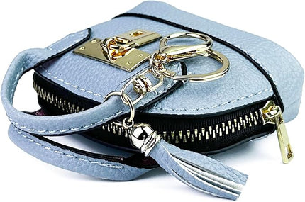 Cute Genuine Leather Keychain Coin Purse for Women with Tassels Mini Change Pouch Brown (Light Blue)