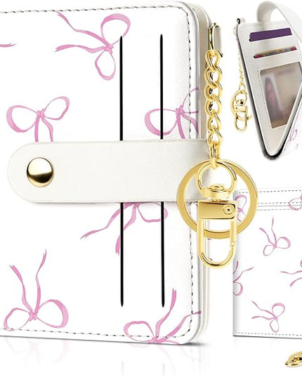 Sodsay Small Slim Wallet Women RFID Blocking, PU Leather Bifold Ladies Wallet with Zipper Coin Pocket, Thin Cute Travel Card Wallets for Girls, Pink Whimsical Bows