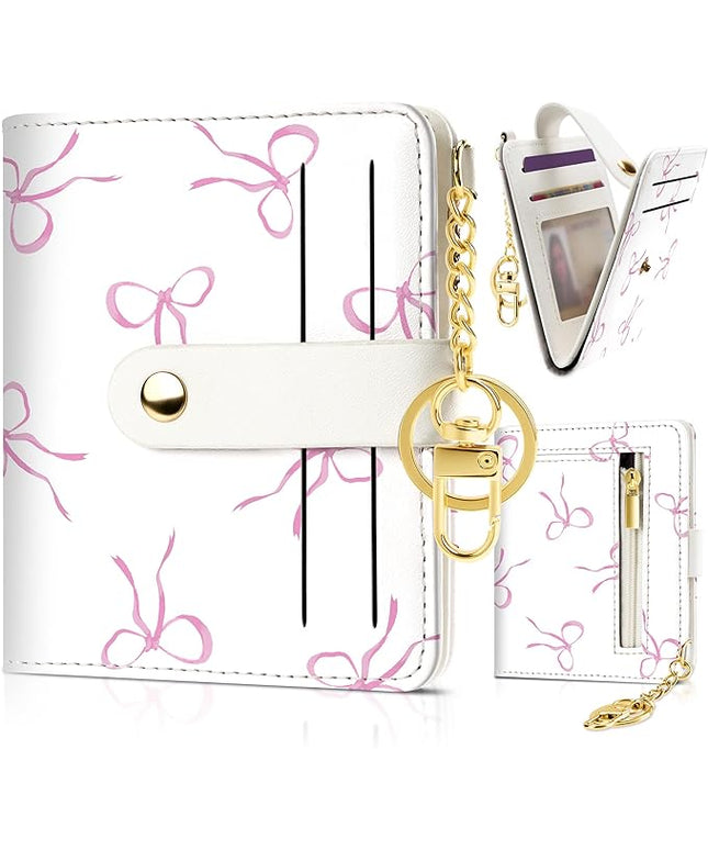 Sodsay Small Slim Wallet Women RFID Blocking, PU Leather Bifold Ladies Wallet with Zipper Coin Pocket, Thin Cute Travel Card Wallets for Girls, Pink Whimsical Bows