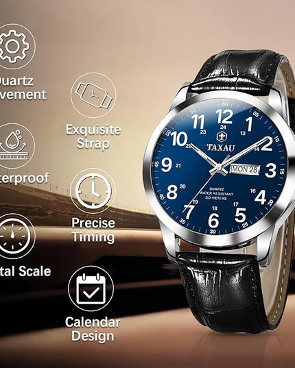 Men's Watches Leather Band Stainless Steel Quartz Analog Watch Luxury Waterproof Watches for Men Dress Men's Wrist Watch with Day Date Arabic Numeral Relojes para Hombre