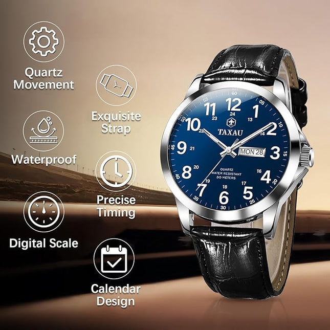 Men's Watches Leather Band Stainless Steel Quartz Analog Watch Luxury Waterproof Watches for Men Dress Men's Wrist Watch with Day Date Arabic Numeral Relojes para Hombre