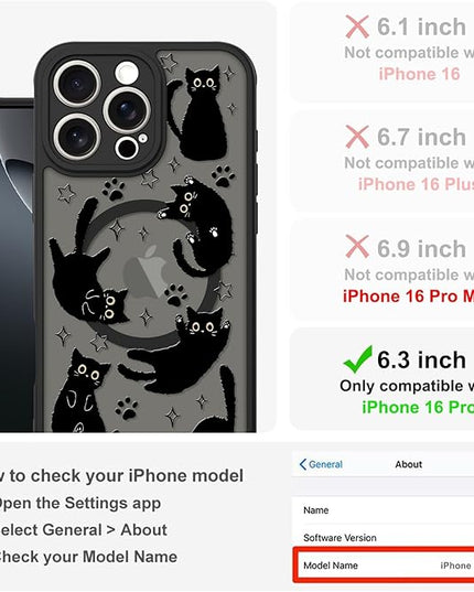 Cute Magnetic Case for iPhone 16 Pro Case [ Compatible with MagSafe ] with Black Cat Cats Pattern Design for Women Girls Boys, Soft Bumper Hard Back Kawaii Animal Protective Phone Cover