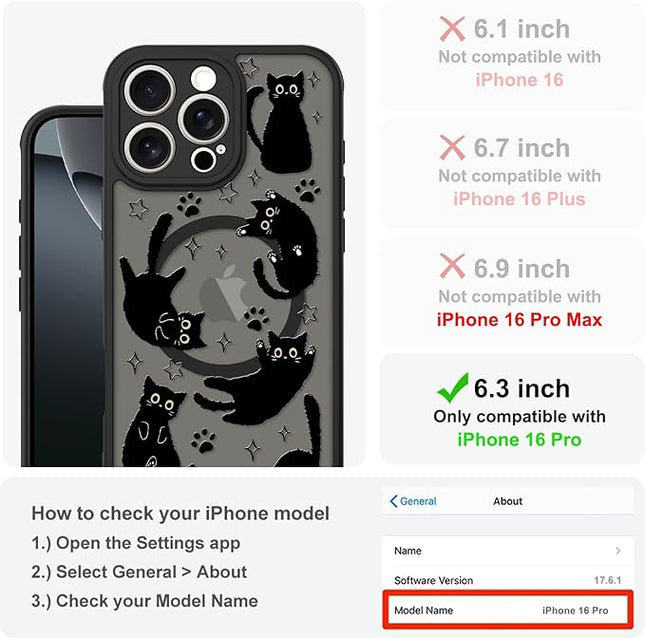 Cute Magnetic Case for iPhone 16 Pro Case [ Compatible with MagSafe ] with Black Cat Cats Pattern Design for Women Girls Boys, Soft Bumper Hard Back Kawaii Animal Protective Phone Cover