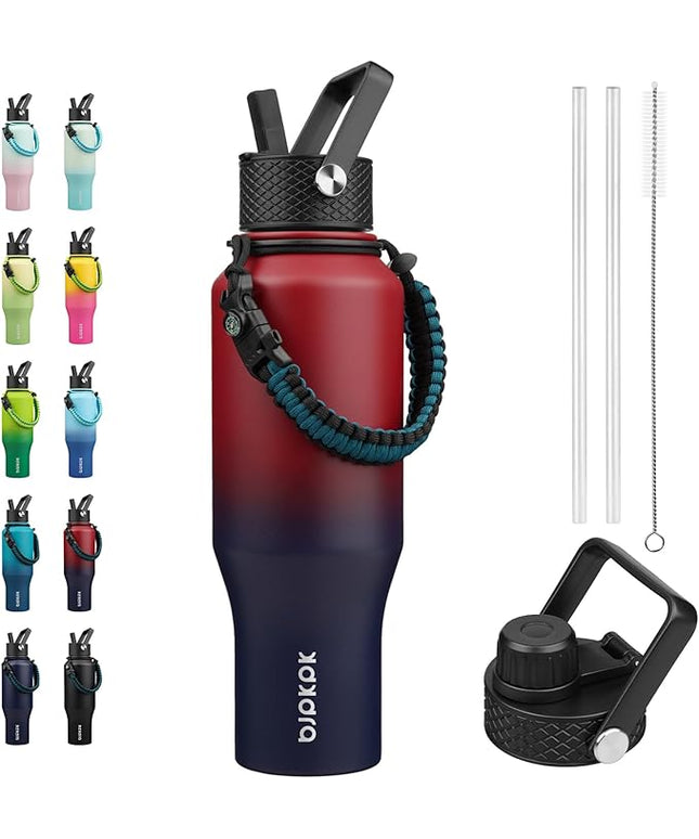 BJPKPK Insulated Water Bottles with Straw Lid, 35oz Metal Water Bottle with 2 lids & Paracord Strap, Double Wall Stainless Steel Vacuum Tumblers, Cups,Thermo for Hot& Cold Drinks, Charming Red