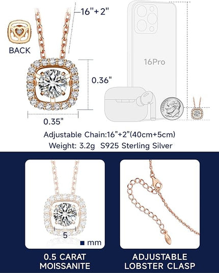 MomentWish Floating Necklace for Women, 0.5/1 Carat Dancing Moissanite Necklace for Her 925 Sterling Silver Pendant Anniversary Birthday Christmas Gift for Wife Mom Girlfriend