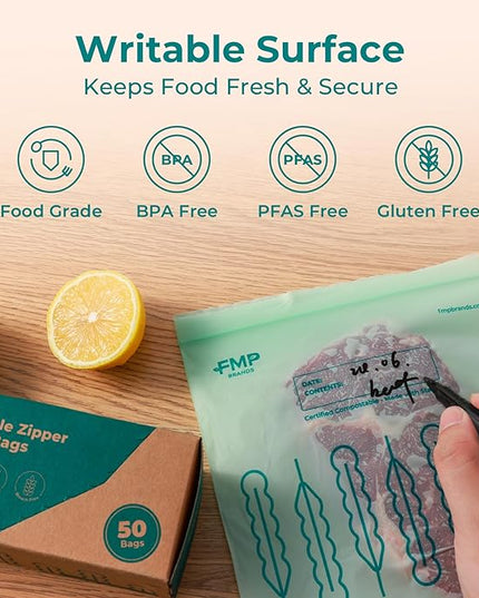 Fit Meal Prep 50 Pack 100% Compostable Food Storage Bags, 7 x 8" Resealable Freezer Bags Quart Size for Meat, Fruits, Plant-Based Sandwich Bag, ASTM D6400, US BPI & EU OK Compost Certified
