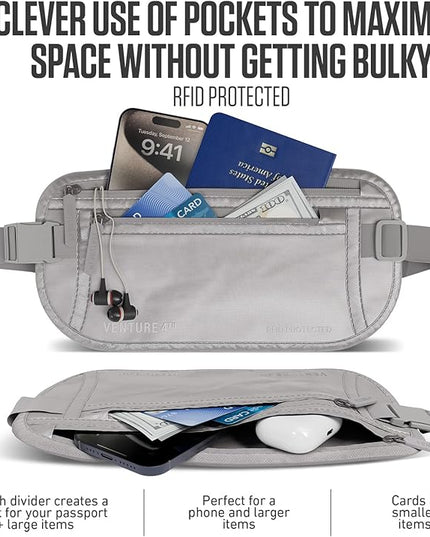 VENTURE 4TH Money Belt for Travel – Hidden Under-Clothes RFID Blocking Passport Holder & Slim Travel Wallet Pouch for Men & Women to Protect Cash, Cards & Documents (Sleek Silver)