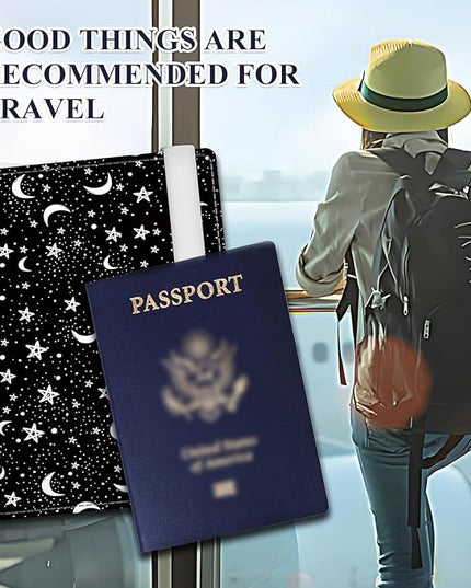 Passport Holder for Travel Essentials, RFID Premium Leather Passport Wallet Cover Case for Travel Must Haves Accessories, Passport Book Holders for Women Men Black White Moon Stars