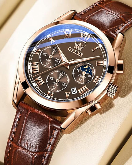 OLEVS Men's Watches Leather Strap Analog Quartz Watch, Fashion Big Dial Date Waterproof Watch, Dress Luxury Luminous Men Watches