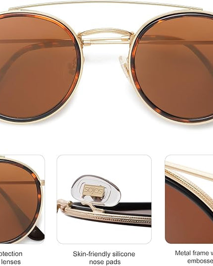 SOJOS Retro Vintage Round Polarized Sunglasses for Women Men Small Double Bridge Circle Sunnies SJ1104