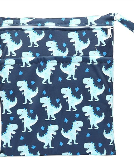 Wet Bag Baby Cloth Diaper Nappy Insert Bag Reusable With Two Zippered Pockets (Blue Dinosaurs Stomp)