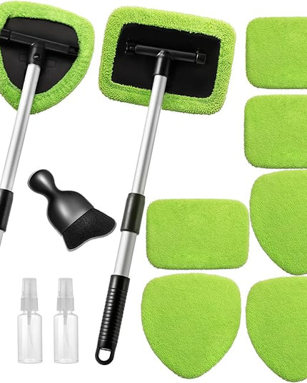 11pcs Windshield Cleaner Tool, Car Window Cleaning Wash Kit with 6 Reusable Microfiber Pads 2 Spray Bottles and Extendable Handles Auto Glass Wiper Kit, Green