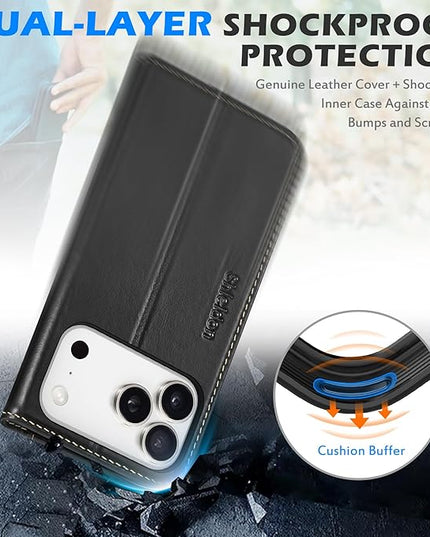 SHIELDON Case for iPhone 17 Pro 6.3-inch 2025 | Genuine Leather | Wallet Design | Flip Magnetic | Kickstand | RFID Blocking Card Holder | Shock Absorption Phone Cover for Women Men | Retro Black
