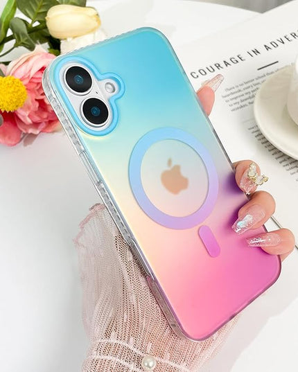 Aesthetic Case for iPhone 16 Case for Women Girls, Compatible with Magsafe, Cute Girly Trendy Glitter Sparkly Rainbow Magnetic Protective Phone Cover, Matte Iridescent Blue & Pink