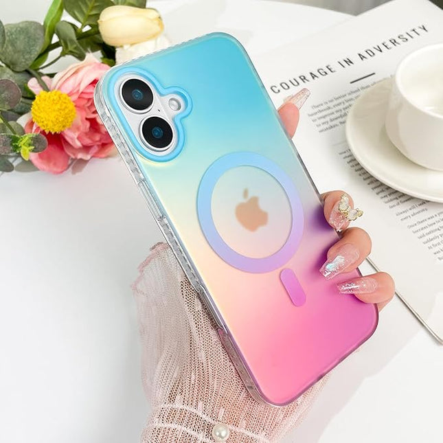 Aesthetic Case for iPhone 16 Case for Women Girls, Compatible with Magsafe, Cute Girly Trendy Glitter Sparkly Rainbow Magnetic Protective Phone Cover, Matte Iridescent Blue & Pink