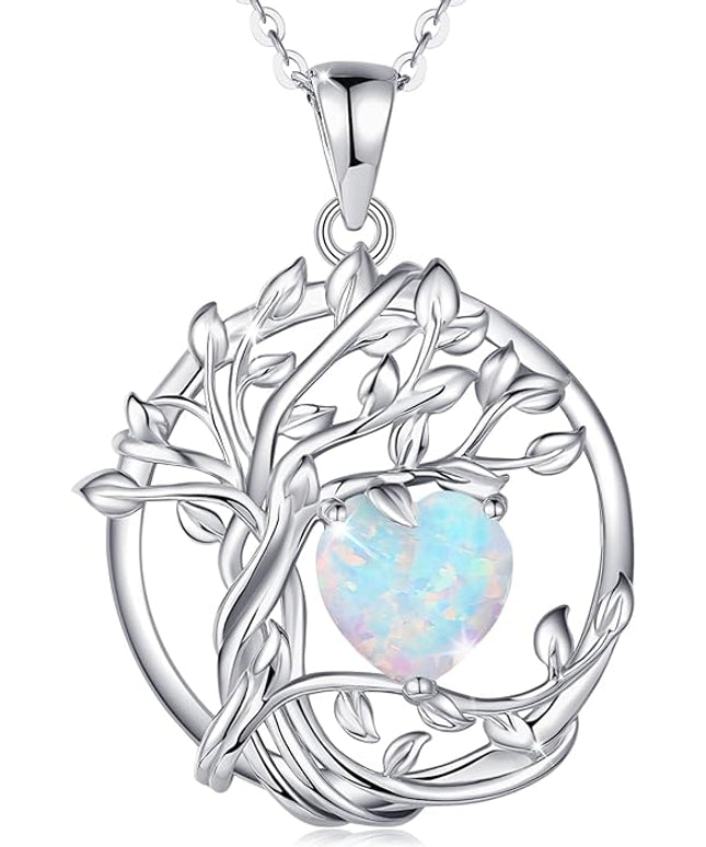 FANCIME Tree of life Birthstone necklace Sterling Silver Pendant Birthstone Necklace Gemstone Anniversary Birthday Jewelry Christmas Gifts for Mom Her Wife