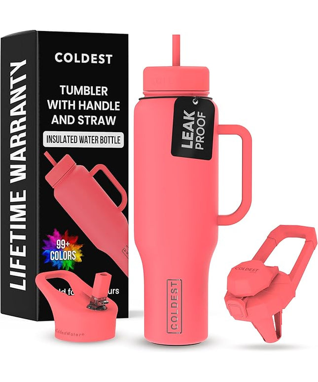 Coldest Tumbler with Handle and Straw - 100% Leak Proof Insulated Tumbler with Lid and Straw (3 Lids) - Stainless Steel Tumblers for Women & Men - Cup Holder Friendly Base, 46 oz (The Cardinal)