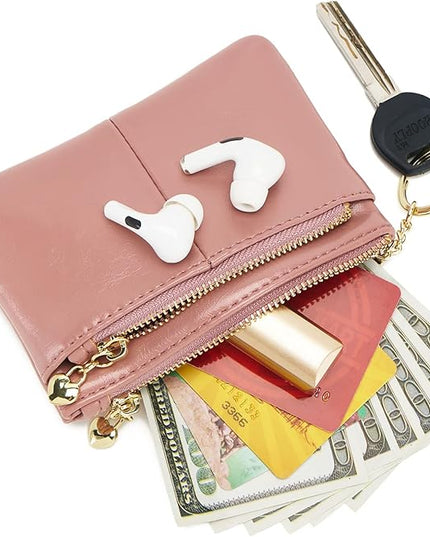 ZOOEASS Women PU Leather Zip Mini Coin Purse With Key Ring Triple Zipper Card Holder Wallet (Pink)