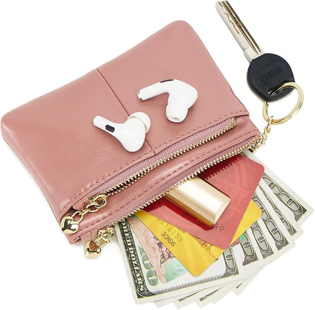 ZOOEASS Women PU Leather Zip Mini Coin Purse With Key Ring Triple Zipper Card Holder Wallet (Pink)