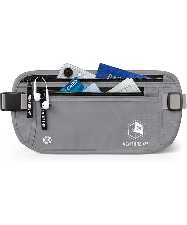 VENTURE 4TH Money Belt for Travel – Hidden Under-Clothes RFID Blocking Passport Holder & Slim Travel Wallet Pouch for Men & Women to Protect Cash, Cards & Documents (Silver)
