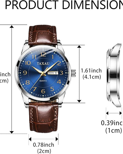 Men Dress Watch Waterproof Leather Watches for Men with Day Date Luxury Large Arabic Numerals Analog Quartz Classic Leather Watch Easy Read relojes para Hombres