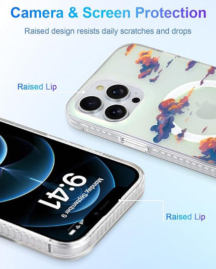 Cute Case for iPhone 12 & 12 Pro Case for Women Girls [ Compatible with Magsafe ] Aesthetic Cloud Pattern Design, Girly Glitter Sparkly Bling Protective Phone Cover, Iridescent Sun Set Sky