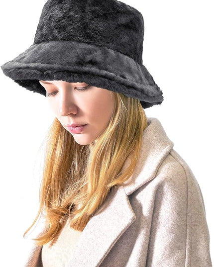 Women Plush Fluffy Bucket Hat Warm Lining Winter Faux Fur Cozy Wide Brim Winter