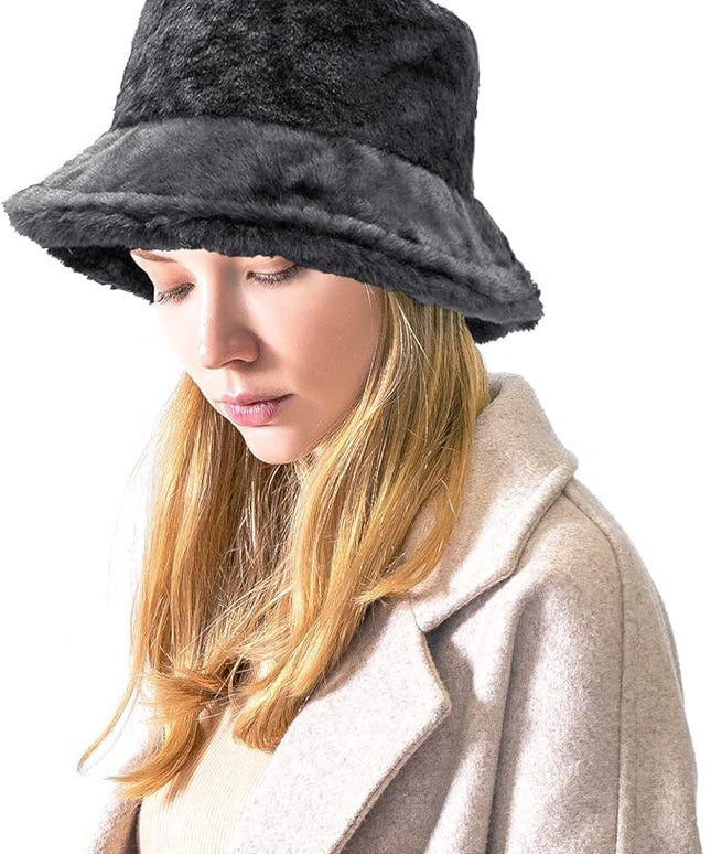 Women Plush Fluffy Bucket Hat Warm Lining Winter Faux Fur Cozy Wide Brim Winter