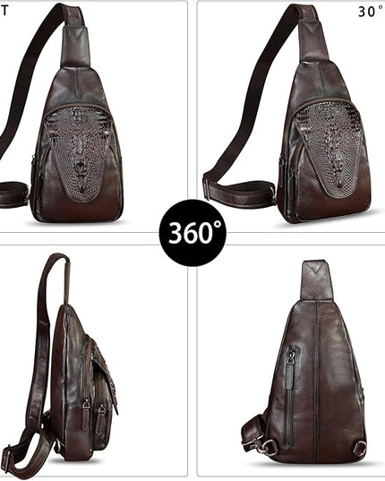 Genuine Leather Sling Bag Embossed Crocodile Pattern Leather Crossbody Sling Backpack Handmade Chest Purse Daypack (Coffee)