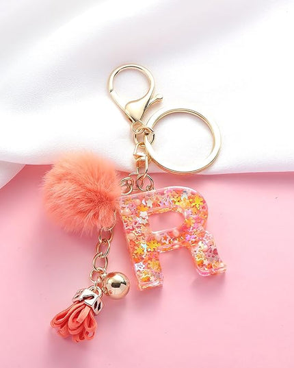 Resin Alphabet Initial Letter Keychain Keyring for Women Purse Handbags With Fur Ball Pom
