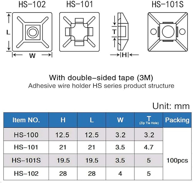 XHF 200 PCS 1/2" White Self Adhesive Cable Zip Tie Mounts Wire Cable Clips Holders Management Anchors Organizer Holders Squares(HS-100)