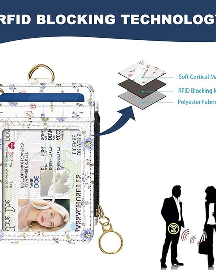 Slim Wallet Credit Card Holder, White And Purple Floral Print, RFID Wallet Women Cute Small Front Pocket Wallet With Zipper, PU Leather Thin travel RFID Blocking Card Case ID Window ,Ladies Gifts