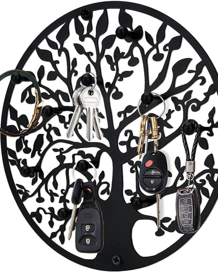 ZULONG Round Decorative Home Key Holder Wall Mount, Metal Tree Car Key Rack for Wall Organizer for Keys, Wallets, Hats, Used for Decor for House Entryway, Kitchen, Garage, Office (8" Black)